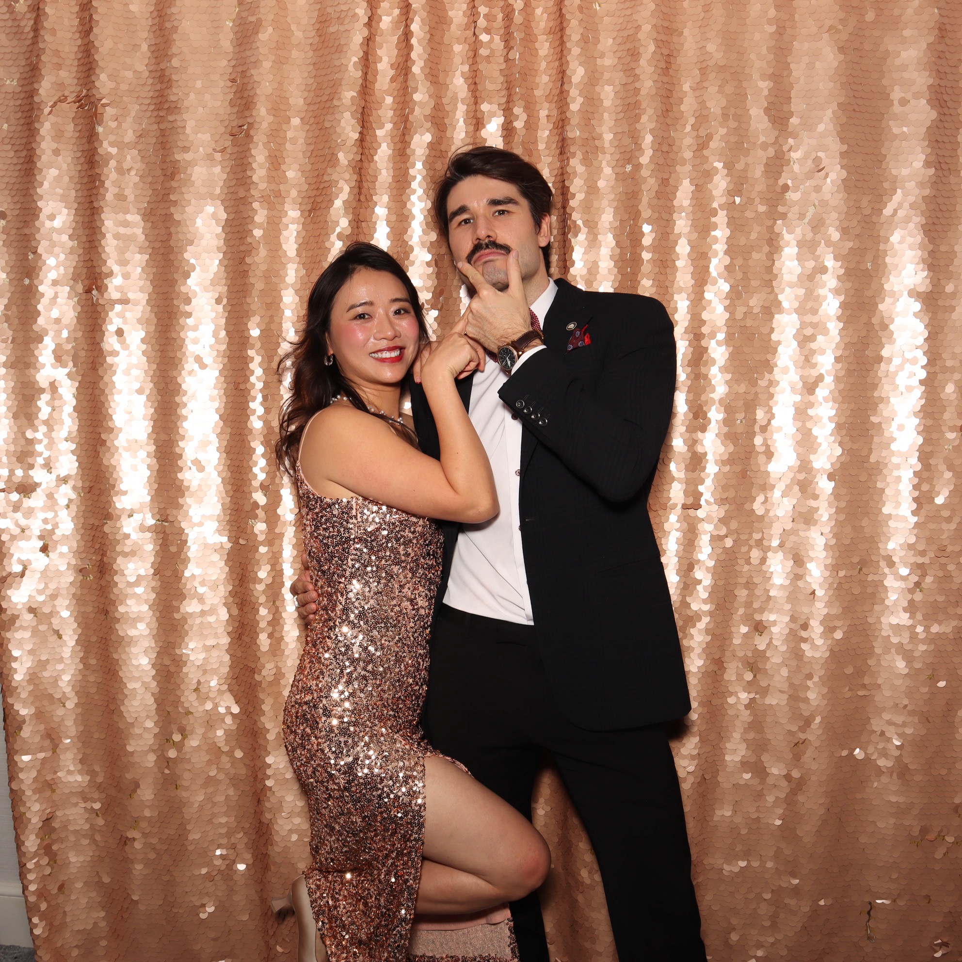 Champagne Sequin photo booth backdrop — premium 8x8 ft option for weddings, corporate events, and parties in Boston and New England