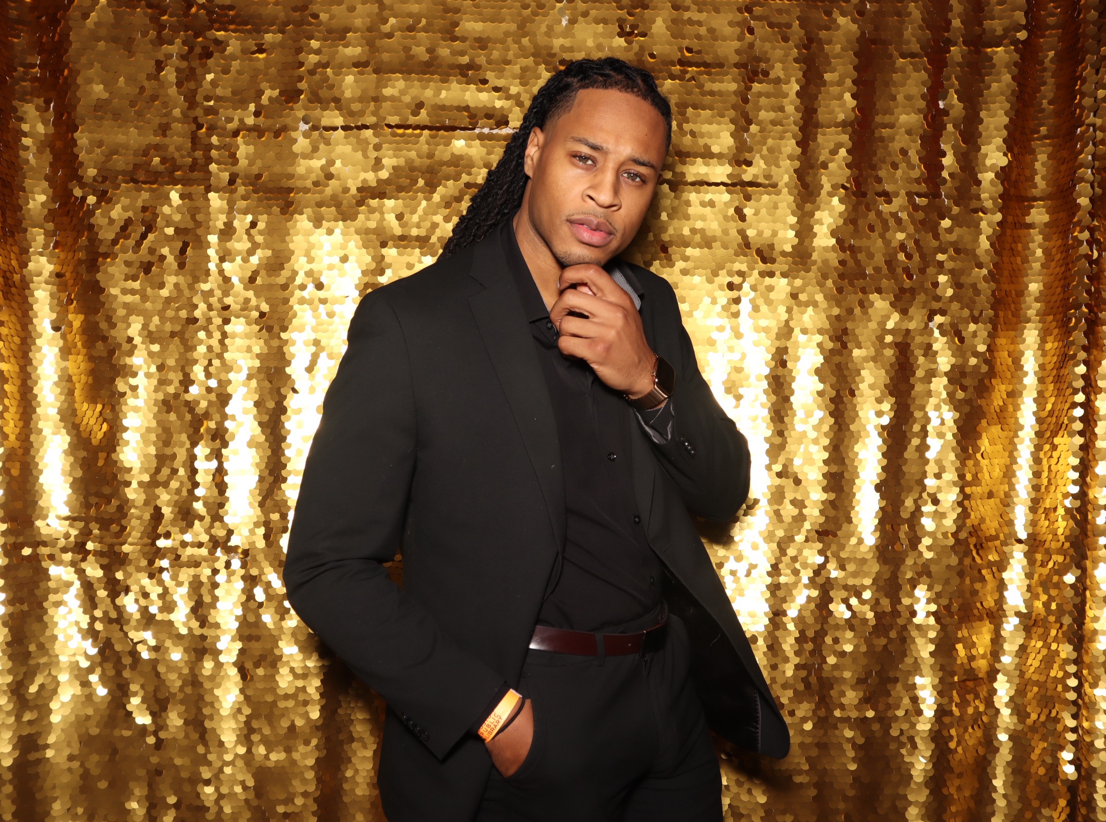 Gold Sequin photo booth backdrop — premium 8x8 ft option for weddings, corporate events, and parties in Boston and New England